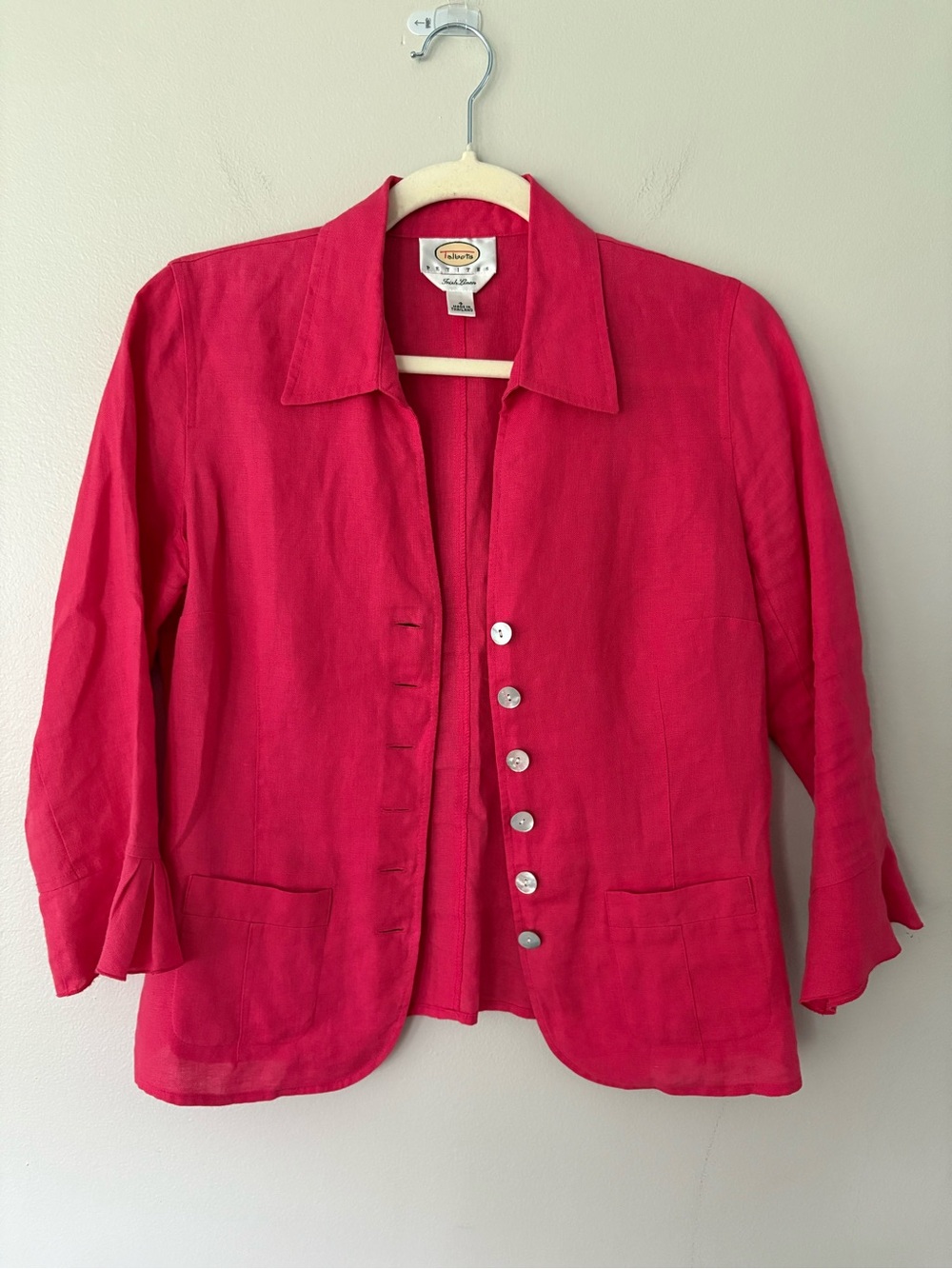 Talbots Irish Linen Button Up Jacket Top 3/4 Bell Sleeve Pink Petite
